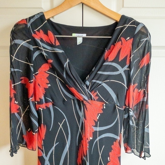 Citrine Dress Black Red Floral Print Midi Long Sheer Ruffle Hem Womens Size 12 - Picture 3 of 5